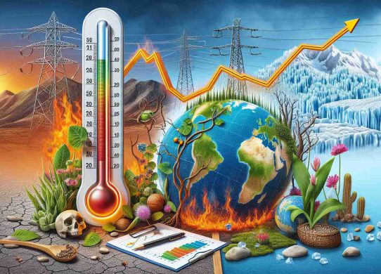 Compose an image that vividly illustrates the effects of climate change on rising electricity rates. It might include an image of a thermometer marking escalating temperatures symbolizing global warming. Additionally an ascending slope on a line graph could denote the increasing electricity prices. Remember to embed a hint of distress through a scorched earth or a wilting plant, evidencing our dire landscape. Adorn this scene with melting glaciers in the background, highlighting the direct impact of climate change. These elements, through their intricate correlation, should exemplify the comprehensive effect of climate change on electricity rates.