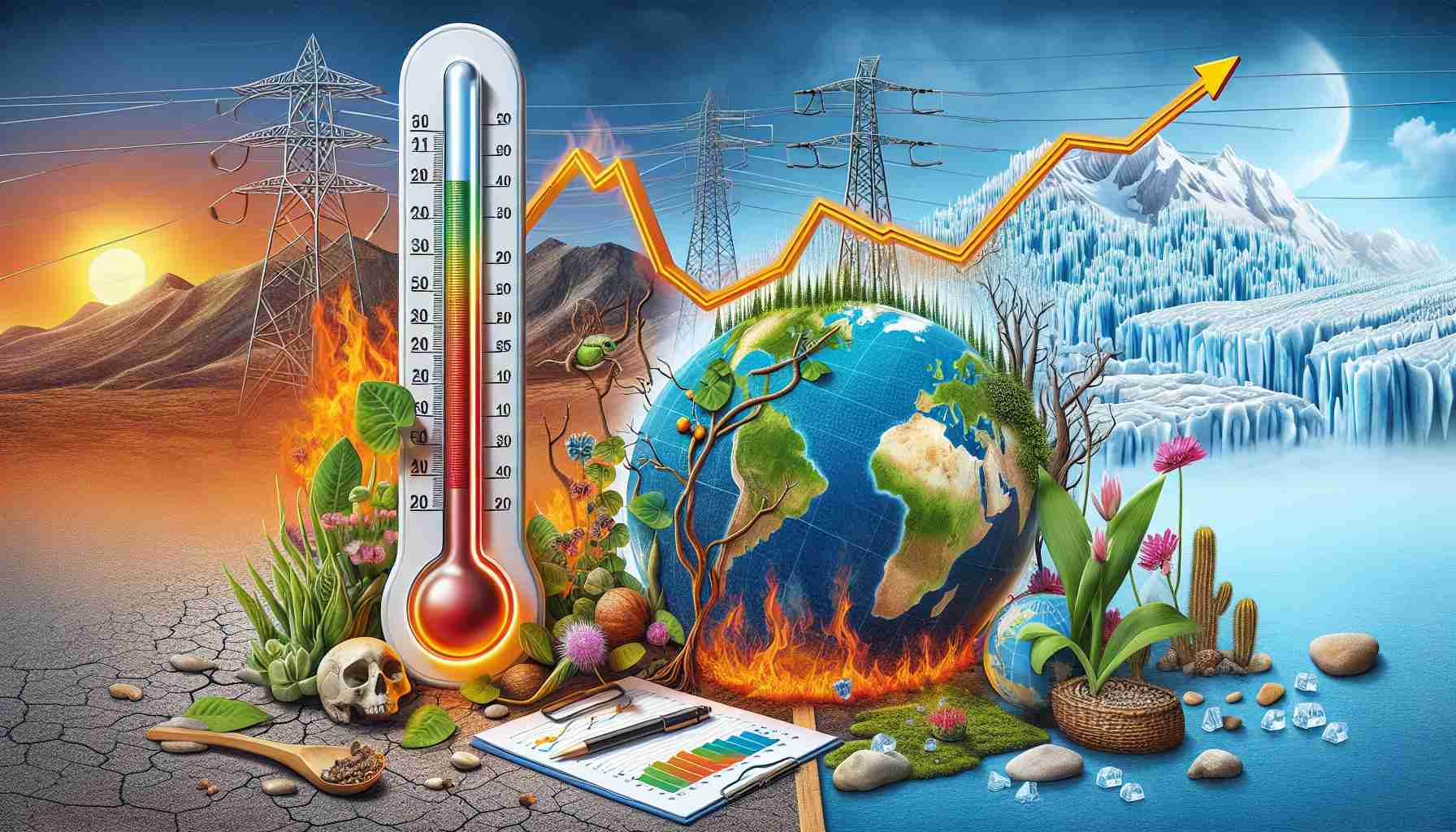 Compose an image that vividly illustrates the effects of climate change on rising electricity rates. It might include an image of a thermometer marking escalating temperatures symbolizing global warming. Additionally an ascending slope on a line graph could denote the increasing electricity prices. Remember to embed a hint of distress through a scorched earth or a wilting plant, evidencing our dire landscape. Adorn this scene with melting glaciers in the background, highlighting the direct impact of climate change. These elements, through their intricate correlation, should exemplify the comprehensive effect of climate change on electricity rates.