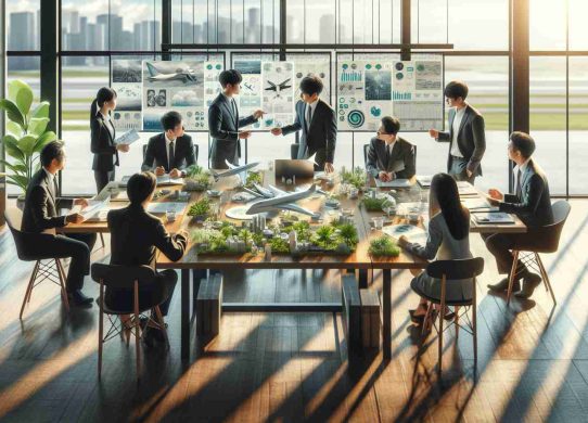 A detailed, high-definition image displaying a scene of a newly-formed Asian investment group coming together. The individuals in the group are of various East Asian and South East Asian descents. They are situated in a modern office, visibly engaged in a meeting focused on the future of sustainable aviation. Charts, graphs, and models depicting green aviation technologies are spread across the meeting table. Natural light floods the room, highlighting the environmentally friendly choices in decor and design: plants for air purification, recycled materials in furniture, and the use of solar energy evident in the solar panels seen through the window.