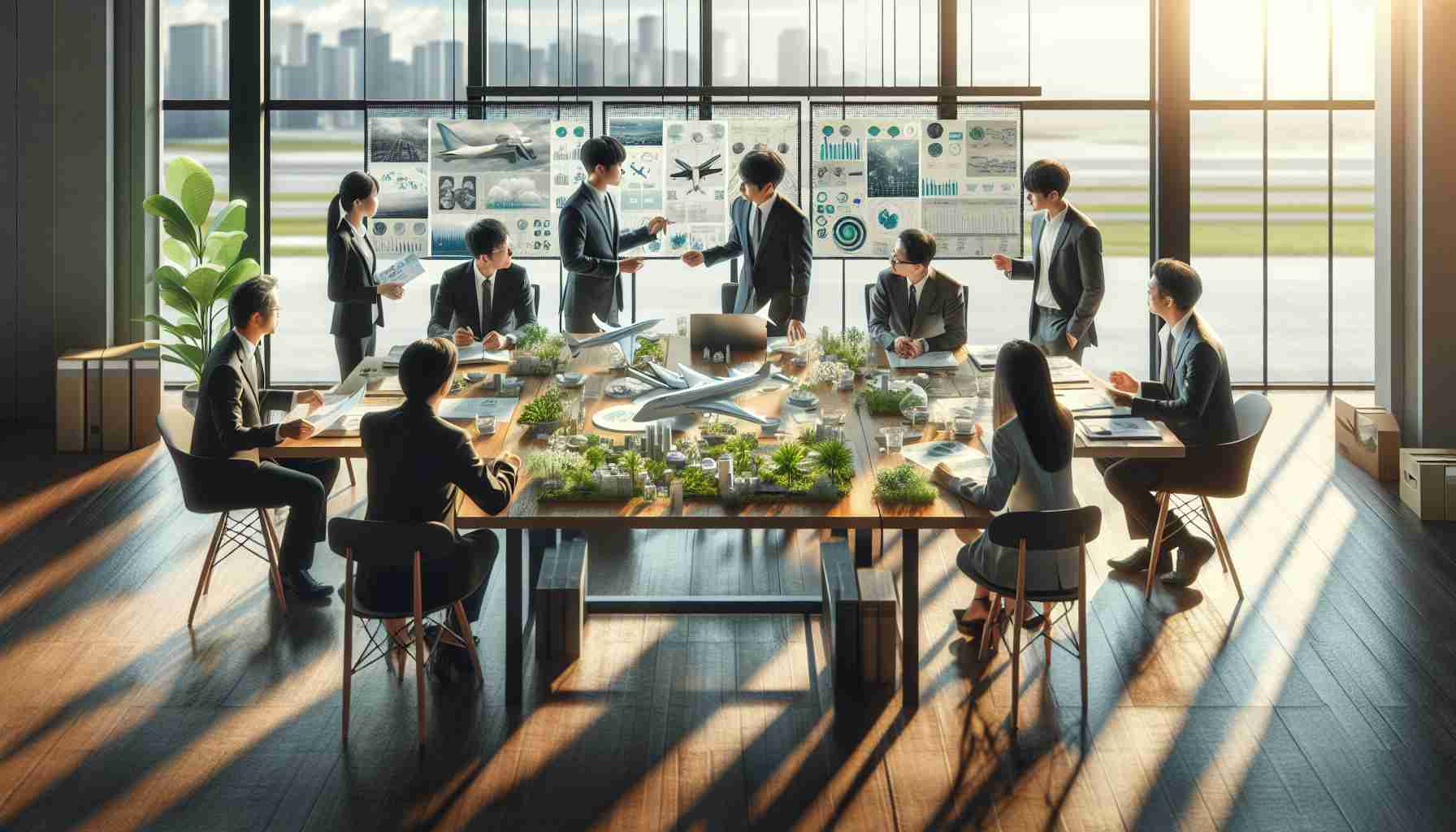 A detailed, high-definition image displaying a scene of a newly-formed Asian investment group coming together. The individuals in the group are of various East Asian and South East Asian descents. They are situated in a modern office, visibly engaged in a meeting focused on the future of sustainable aviation. Charts, graphs, and models depicting green aviation technologies are spread across the meeting table. Natural light floods the room, highlighting the environmentally friendly choices in decor and design: plants for air purification, recycled materials in furniture, and the use of solar energy evident in the solar panels seen through the window.