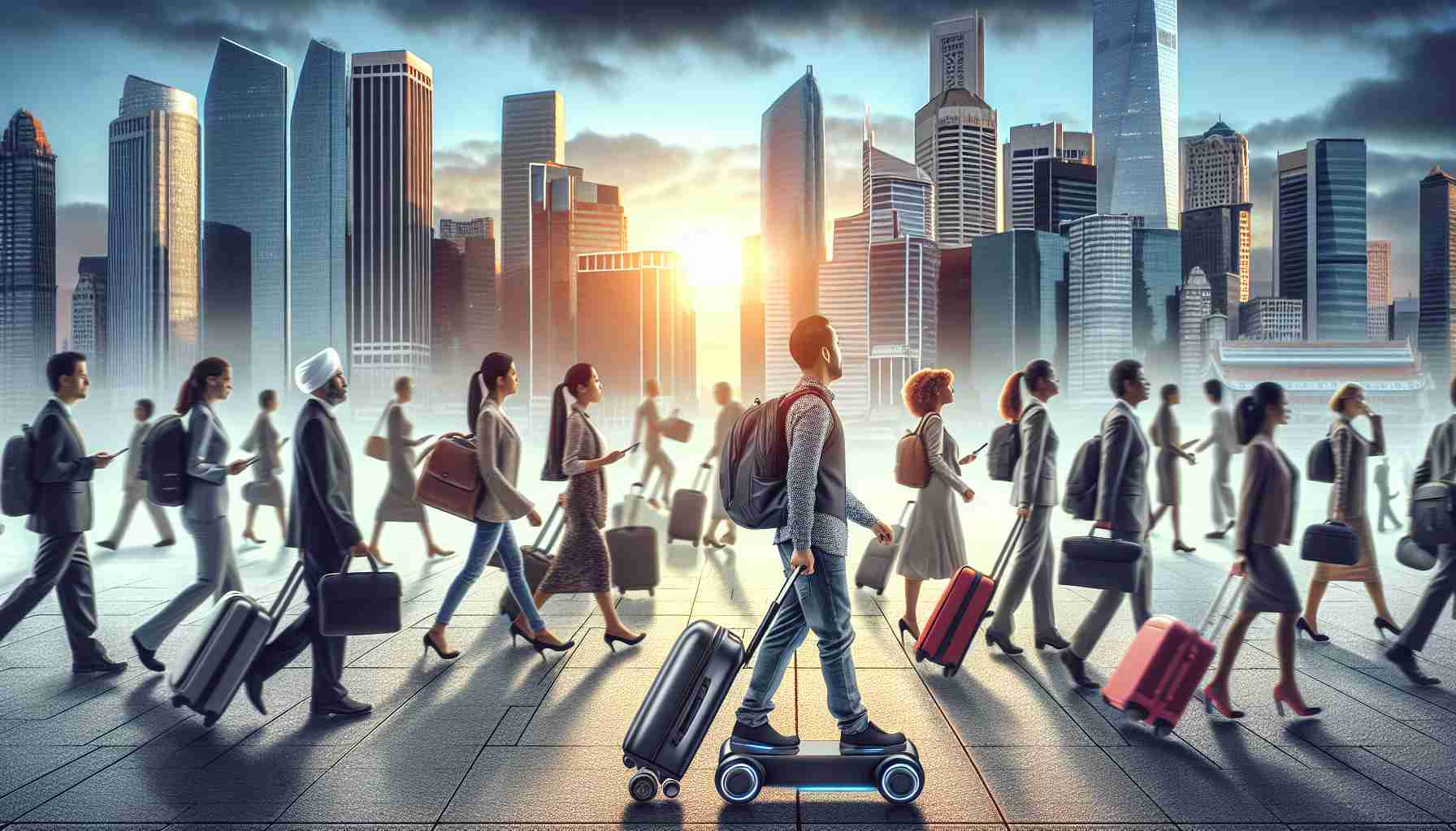 High-definition, realistic portrayal of the evolution in urban mobility, focusing on the increasing popularity of electric baggage. The image should highlight the contrast between conventional and new eco-friendly, electric-powered, mobile luggage in an urban setting. Illustrate a bustling cityscape at dawn with people on their daily commute. Show a diverse range of passersby, including a Middle-Eastern man, a Hispanic woman, a Black man, all utilizing electric suitcases, to emphasize the widespread transition to this innovative mode of transport.