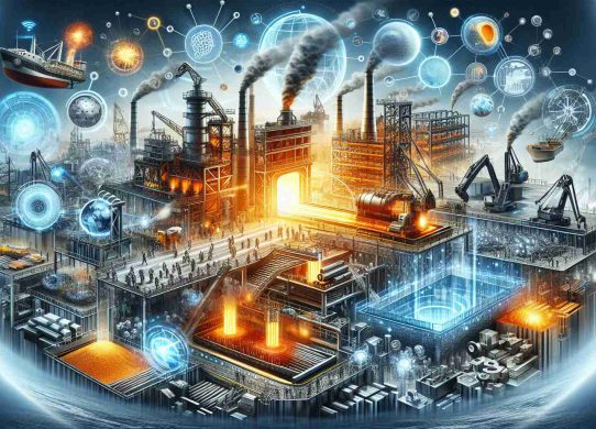 An ultra high-definition realistic image of the innovative transformation in the production of steel. The illustration should capture various stages in the production process, including the extraction of iron ore, the conversion of iron into steel in a blast furnace, and the formation of steel into beams, girders or other shapes for construction and other industries. Also, include modern technologies used in the process to signify innovation such as robotics and automation systems.