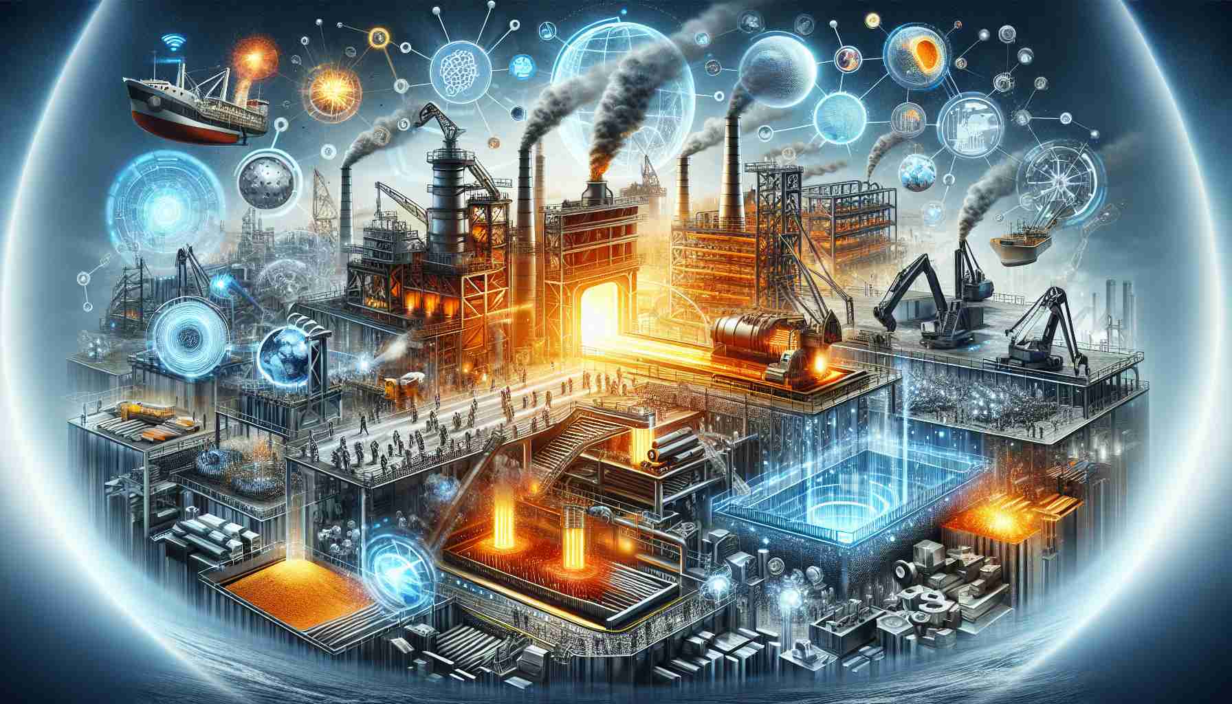 An ultra high-definition realistic image of the innovative transformation in the production of steel. The illustration should capture various stages in the production process, including the extraction of iron ore, the conversion of iron into steel in a blast furnace, and the formation of steel into beams, girders or other shapes for construction and other industries. Also, include modern technologies used in the process to signify innovation such as robotics and automation systems.