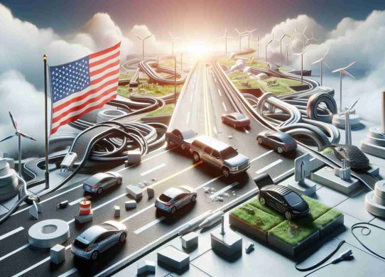 A highly-detailed, realistic image portraying the concept of 'Challenges Ahead for the US Electric Vehicle Market'. The scene could include elements such as electric cars in different stages of innovation and repair, a metaphorical road with obstacles representing various challenges such as infrastructure, policy, and economy, and perhaps a symbolic representation of the United States, like a flag or a map.