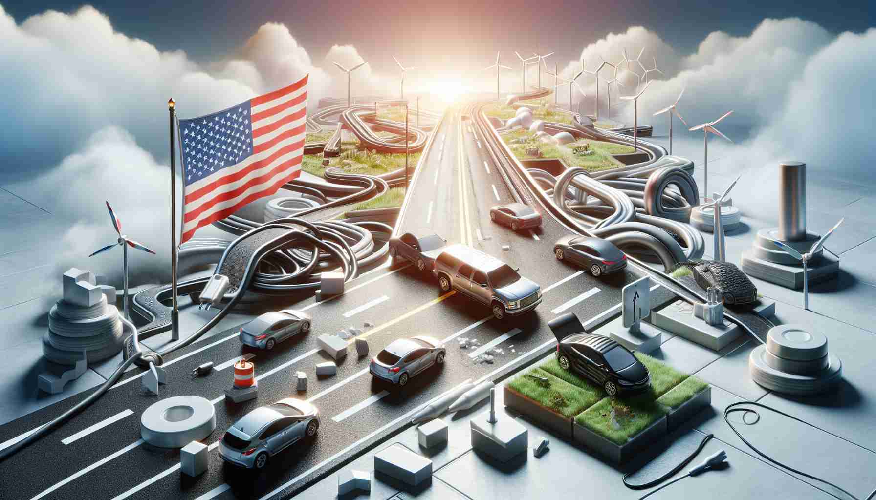 A highly-detailed, realistic image portraying the concept of 'Challenges Ahead for the US Electric Vehicle Market'. The scene could include elements such as electric cars in different stages of innovation and repair, a metaphorical road with obstacles representing various challenges such as infrastructure, policy, and economy, and perhaps a symbolic representation of the United States, like a flag or a map.