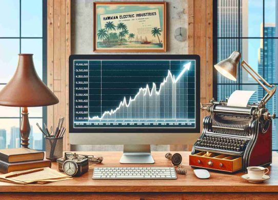 Create a realistic, high-definition image of a sudden surge in the stock price of a Hawaiian Electric Industries. The dominant part of the image should be a computer screen showing a steep upward graph, representing the sharp increase in stock price. The background could feature office elements for context: a desk, a lamp, perhaps a cup of coffee. On the desk, there could be a rolling ticker tape on a vintage 1920s stock ticker machine. To hint at the Hawaiian origin, include subtle Hawaiian elements such as a small Hawaiian flag or a postcard with beautiful Hawaiian scenery.