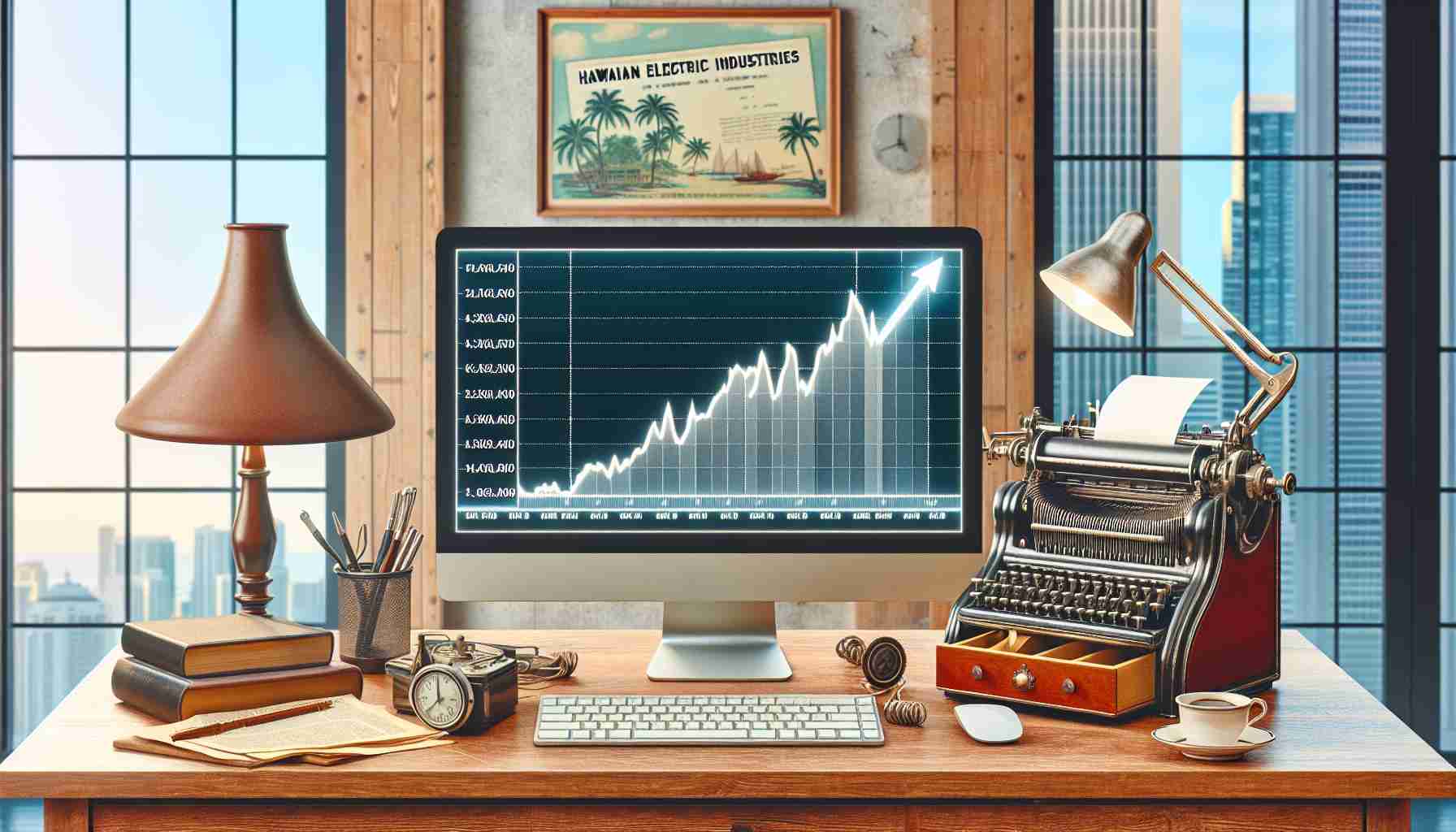 Create a realistic, high-definition image of a sudden surge in the stock price of a Hawaiian Electric Industries. The dominant part of the image should be a computer screen showing a steep upward graph, representing the sharp increase in stock price. The background could feature office elements for context: a desk, a lamp, perhaps a cup of coffee. On the desk, there could be a rolling ticker tape on a vintage 1920s stock ticker machine. To hint at the Hawaiian origin, include subtle Hawaiian elements such as a small Hawaiian flag or a postcard with beautiful Hawaiian scenery.