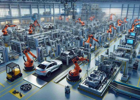 Create a highly detailed, realistic HD image. Depict a scene of a modern car production plant. Show an array of automated machinery working seamlessly in unison. There should be robotic arms assembling various car parts, several conveyor belts transporting materials, welding robots piecing together car frames in the distance. Include 3D printers fabricating complex parts, and autonomous vehicles aiding in the transport of large components within the factory. The setting should convey a sense of precision, efficiency, and speed representative of revolutionary changes in modern car manufacturing.