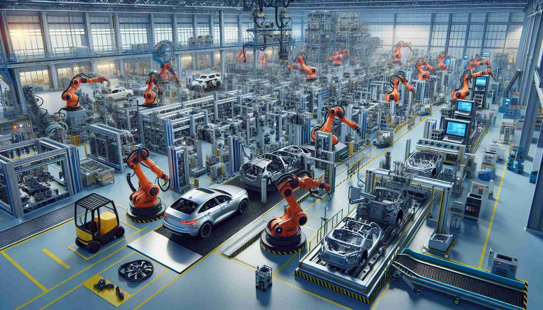 Create a highly detailed, realistic HD image. Depict a scene of a modern car production plant. Show an array of automated machinery working seamlessly in unison. There should be robotic arms assembling various car parts, several conveyor belts transporting materials, welding robots piecing together car frames in the distance. Include 3D printers fabricating complex parts, and autonomous vehicles aiding in the transport of large components within the factory. The setting should convey a sense of precision, efficiency, and speed representative of revolutionary changes in modern car manufacturing.