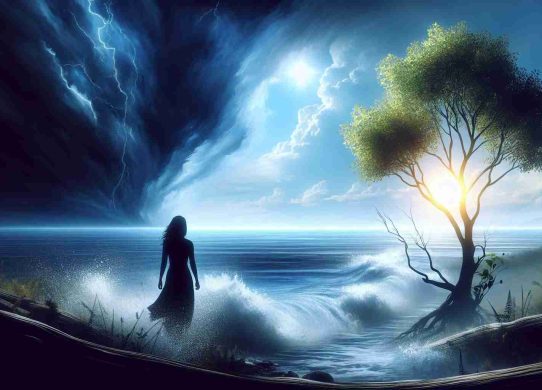 Create a realistic, high-definition image that represents 'Successful Recovery: A Testimonial of Resilience'. Perhaps show a dark, stormy sea signifying hardship, with a resilient tree standing firm on the shore. In the background, a bright, clear sky signifies hope and successful recovery. Furthermore, a human figure - a South Asian female - could be depicted looking towards the bright horizon, embodying resilience and the spirit of overcoming adversity.