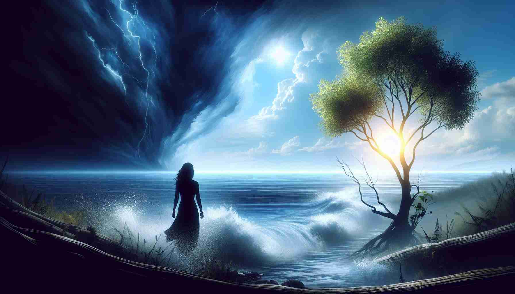 Create a realistic, high-definition image that represents 'Successful Recovery: A Testimonial of Resilience'. Perhaps show a dark, stormy sea signifying hardship, with a resilient tree standing firm on the shore. In the background, a bright, clear sky signifies hope and successful recovery. Furthermore, a human figure - a South Asian female - could be depicted looking towards the bright horizon, embodying resilience and the spirit of overcoming adversity.