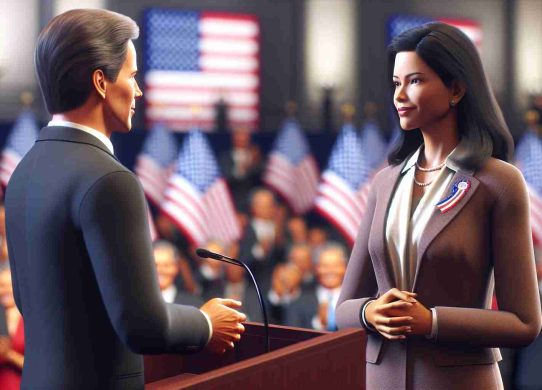 Realistic high-definition image of a historical event: an unidentified female politician, of South Asian descent, accepts a nomination after the decision of an unidentified male politician. She stands on a stage, formally dressed with a confident expression, while a crowd cheers in the background. The setting seems to be a political convention with American flags in the background.