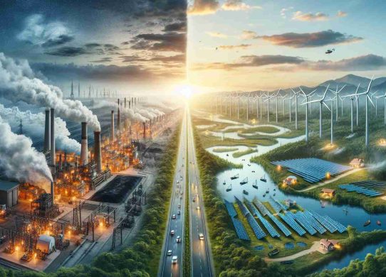 Photo-realistic high-definition image showcasing the concept of transition to renewable energy. The scene should include a diverse scene with both natural and artificial elements. It might depict some traditional sources of energy such as a coal-fired power plant with smoke billowing out, on one side. This is contrasted on the other side by clean and sustainable sources of renewable energy such as vast fields of wind turbines, arrays of solar panels, or a hydroelectric dam. A horizon line separating the two halves could be symbolizing the transition. Incorporate elements that depict humanity's reliance on energy in everyday life, such as a lit house or a charging electric car.