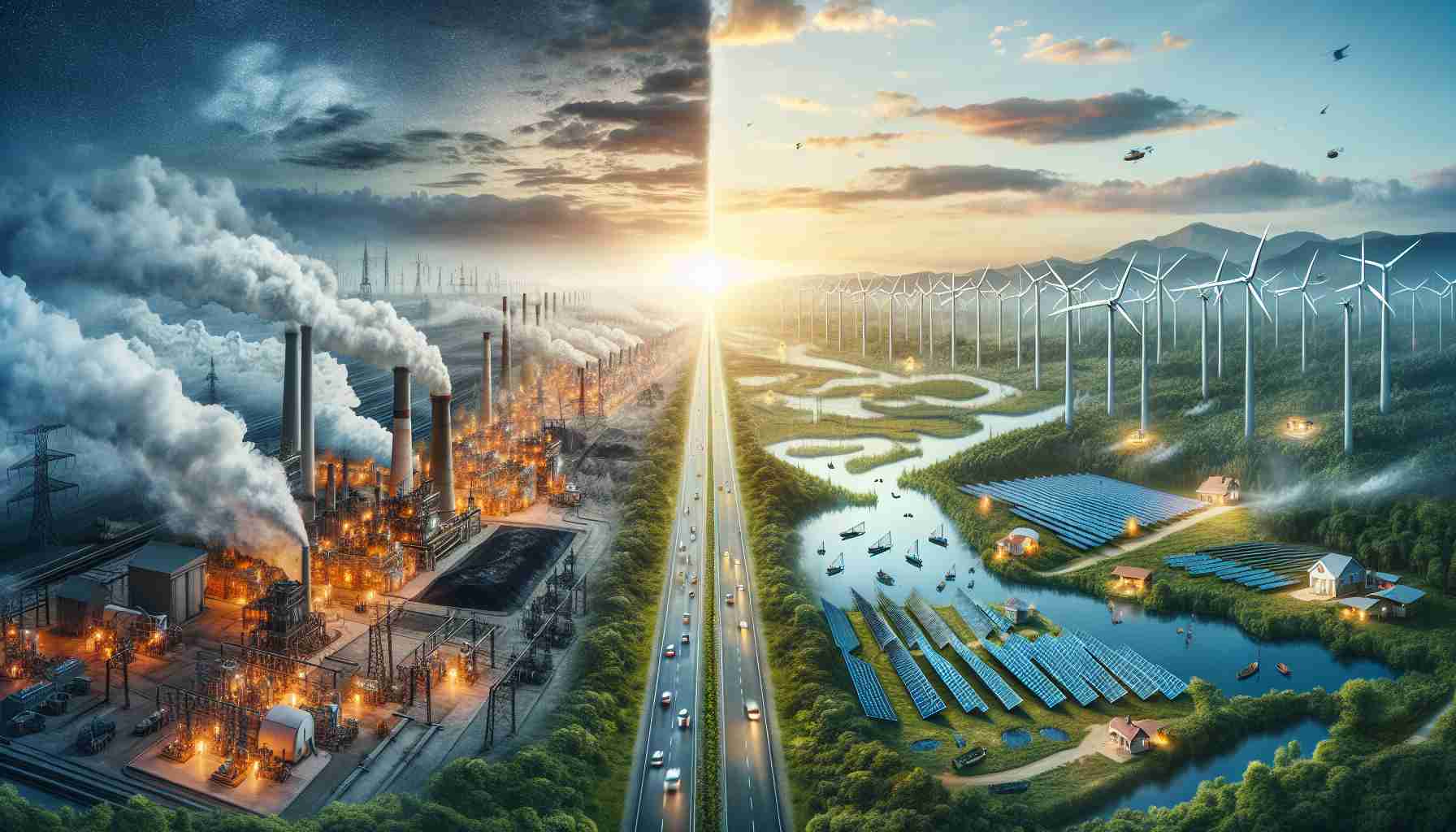 Photo-realistic high-definition image showcasing the concept of transition to renewable energy. The scene should include a diverse scene with both natural and artificial elements. It might depict some traditional sources of energy such as a coal-fired power plant with smoke billowing out, on one side. This is contrasted on the other side by clean and sustainable sources of renewable energy such as vast fields of wind turbines, arrays of solar panels, or a hydroelectric dam. A horizon line separating the two halves could be symbolizing the transition. Incorporate elements that depict humanity's reliance on energy in everyday life, such as a lit house or a charging electric car.