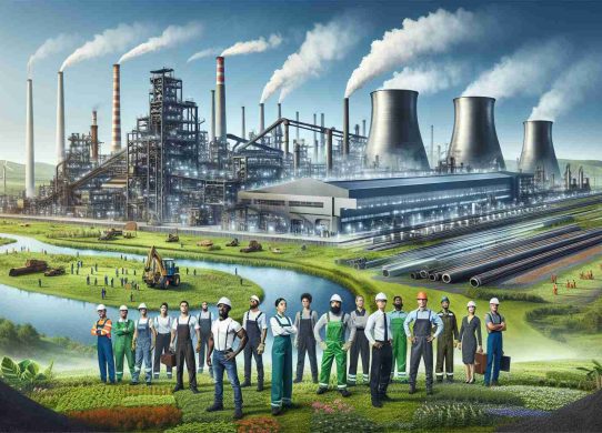 A detailed, high-definition image showcasing the bright future of the steel industry. It embodies cleaner technology and highlights a sustainable environment. The image foreground reveals a modern steel mill with smokeless chimneys, showcasing advancement in emission control. The workers visible are a diverse mix of genders and descents, including Caucasian, Hispanic, Black, Middle-Eastern, and South Asian individuals. They are engaged in various tasks, all wearing safety gear. In the background, a rejuvenated green landscape is clearly visible under a clear blue sky, symbolizing the harmony of industry with nature.