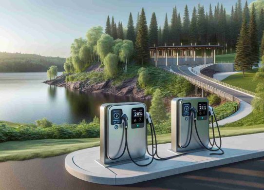 Generate a high-definition, realistic image of modern, newly-installed electric vehicle charging stations enhancing the infrastructure of a place. The setting should evoke Minnesota's distinctive landscape, possibly displaying some local features such as lakes and forests in the background. The charging stations are sleek, futuristic and environmentally friendly, integrated seamlessly into the infrastructure.