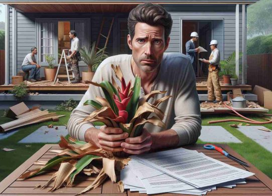 A very detailed and realistic high-definition image of a concerned Caucasian male homeowner holding pieces of broken exotic plant in his garden. He is standing by a house damaged by overgrown plant roots, expressing frustration. His eyes are drawn to the construction workers in the background, presumably discussing the situation. Pieces of paperwork indicating for some form of compensation request are laid on the adjacent teak table.