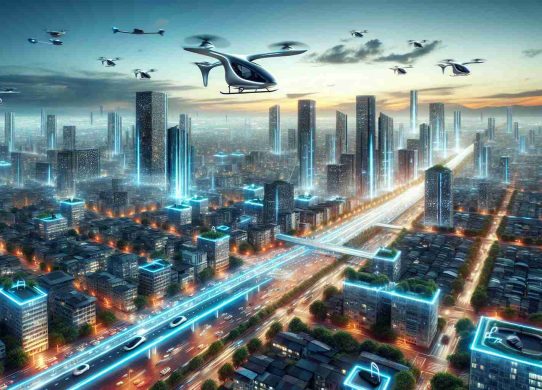High-definition image capturing the innovative concept of electric air taxis, dramatically transforming urban transport. The scene includes a futuristic cityscape with high-rise buildings, bustling roads, and state-of-the-art electric air taxis taking off or landing on designated rooftops, illuminating the sky with their unique, eco-friendly design.