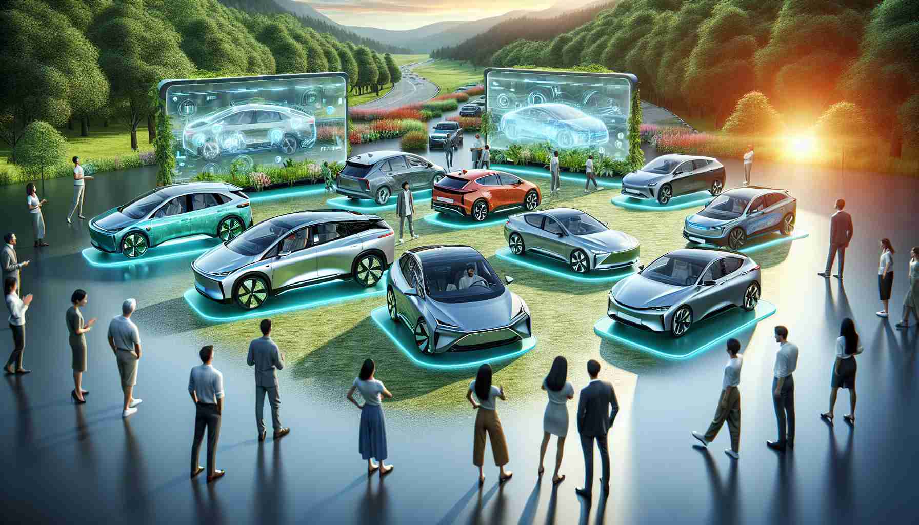 High-resolution realistic image showcasing the revolution of sustainable mobility through hybrid vehicles. Picture displays an array of eco-friendly cars of various models and makes in a sleek, modern, and clean design with clearly visible hybrid technology attributes. The foreground features individuals of varying genders and descents appreciating and studying the showcased vehicles. The background boasts a vibrant, lush green scene symbolizing environmental sustainability.