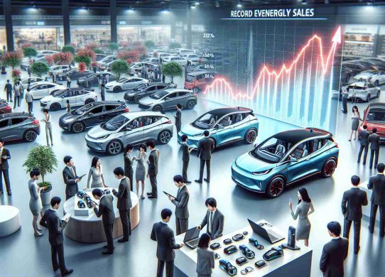 A high-definition, realistic image representing the concept of sustainable driving being embraced by Chinese consumers, depicted through the representation of record new energy vehicle sales. This can be illustrated by a thriving electric vehicle showroom filled with various EV models. A diverse mix of people, South Asian male and Middle Eastern female, can be seen examining the vehicles, indicating their interest and potential purchase. In the background, a large sales chart can be spotted showing a sharp increase, highlighting the record-breaking sales.