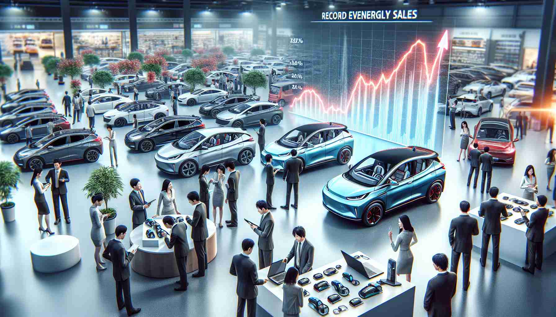 A high-definition, realistic image representing the concept of sustainable driving being embraced by Chinese consumers, depicted through the representation of record new energy vehicle sales. This can be illustrated by a thriving electric vehicle showroom filled with various EV models. A diverse mix of people, South Asian male and Middle Eastern female, can be seen examining the vehicles, indicating their interest and potential purchase. In the background, a large sales chart can be spotted showing a sharp increase, highlighting the record-breaking sales.