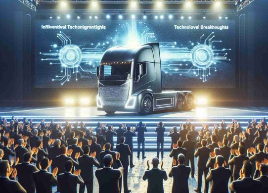 A high-definition realistic image showcasing the launch event of a revolutionary electric truck by a well-known vehicle manufacturer. The scene captures the glint of the newly released vehicle under bright lights, its avant-garde design standing out against a backdrop of large screens displaying influential technology breakthroughs. A bit of extra emphasis on the enthusiastic reactions of the diverse crowd of attendees, of various genders and descents, applauding and marveling at the technological marvel before them.