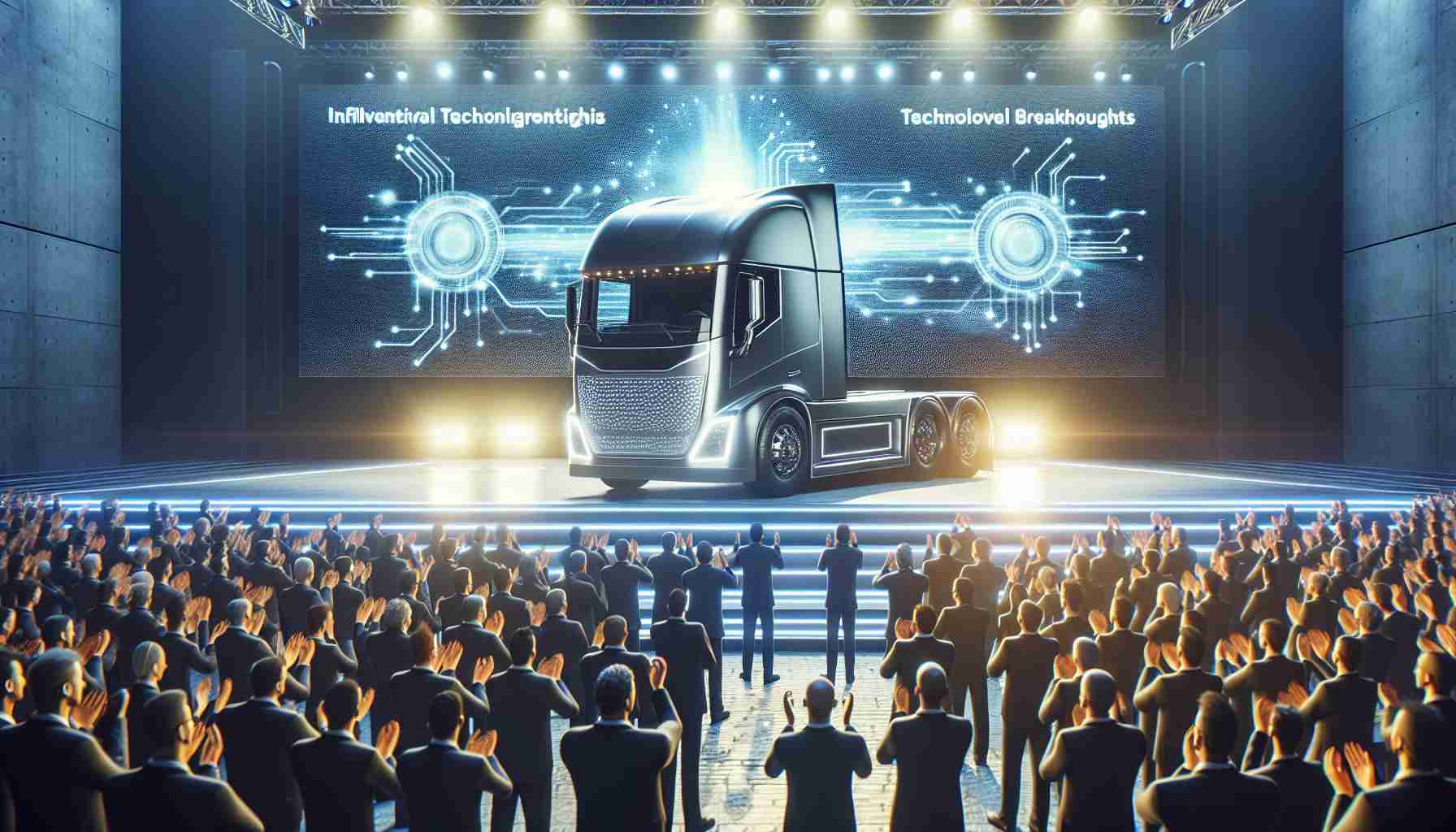 A high-definition realistic image showcasing the launch event of a revolutionary electric truck by a well-known vehicle manufacturer. The scene captures the glint of the newly released vehicle under bright lights, its avant-garde design standing out against a backdrop of large screens displaying influential technology breakthroughs. A bit of extra emphasis on the enthusiastic reactions of the diverse crowd of attendees, of various genders and descents, applauding and marveling at the technological marvel before them.