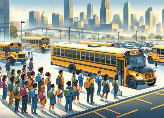 Visualize a scene depicting a revolution in school transportation. There's a line of new, state-of-the-art electric buses parked side by side in a school parking lot. The buses have a sleek and modern design, featuring a smooth all-electric powertrain and painted in the traditional bright yellow color. Children of various descents, such as Black, Hispanic, Caucasian, Middle-Eastern, and South Asian, are eagerly boarding the buses, delight evident on their faces. Adults, some male and others female, from different descents as well, are supervising this process. The skyline is clear, a sign of the reduction in air pollution due to these electric buses.