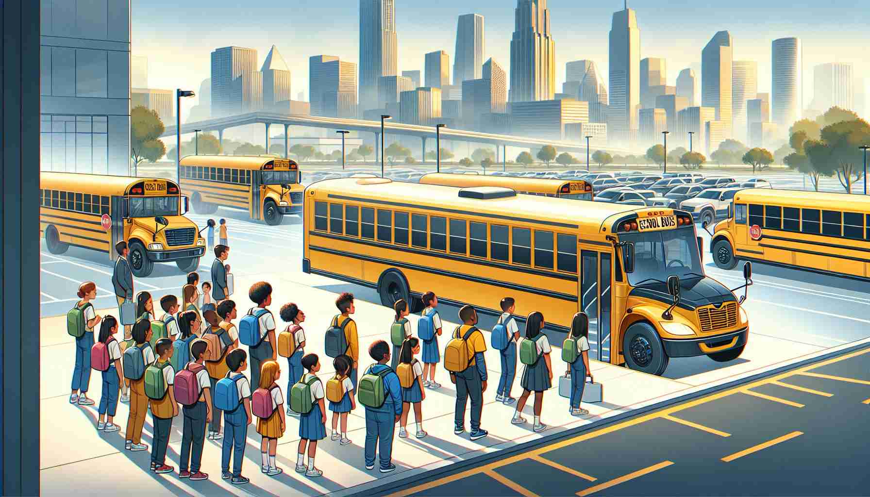 Visualize a scene depicting a revolution in school transportation. There's a line of new, state-of-the-art electric buses parked side by side in a school parking lot. The buses have a sleek and modern design, featuring a smooth all-electric powertrain and painted in the traditional bright yellow color. Children of various descents, such as Black, Hispanic, Caucasian, Middle-Eastern, and South Asian, are eagerly boarding the buses, delight evident on their faces. Adults, some male and others female, from different descents as well, are supervising this process. The skyline is clear, a sign of the reduction in air pollution due to these electric buses.