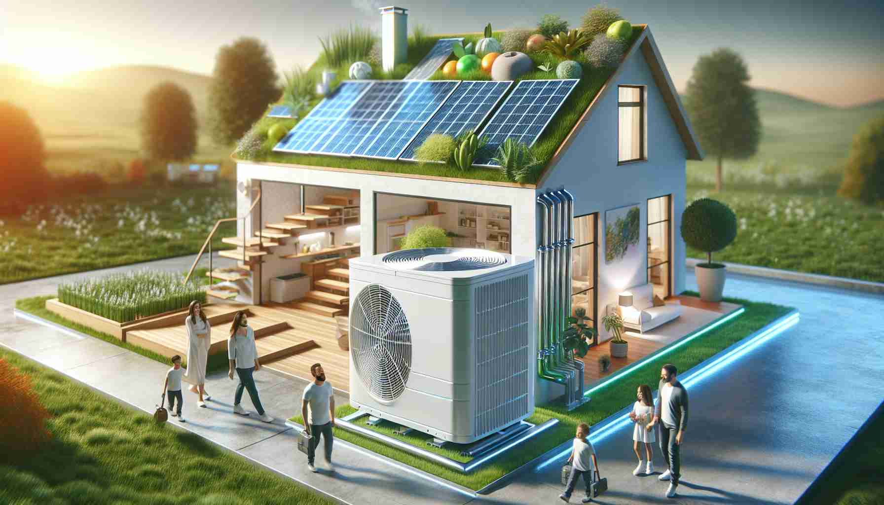 A high-definition, realistic image showing the transition to eco-friendly homes. The main focus is electric heat pumps, with their distinctive design and prominent placement. Show a contemporary dwelling with energy-saving innovations, such as solar panels, green roofs, and insulated windows. A family of diverse ethnicities should be seen interacting around the pump, indicative of their roles as homeowners or installers. There's a feeling of progression and modernity, signifying a shift towards sustainable living.