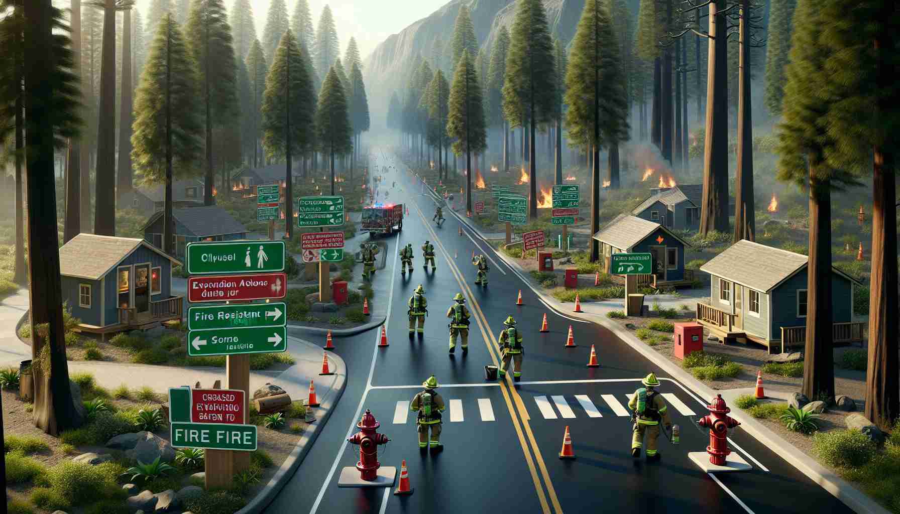 High-definition, realistic image showcasing the new safety measures that have been implemented in the aftermath of tragic wildfires in Hawaii. The scene includes newly installed fire hydrants, fire resistant plants, and increased forest clearance to prevent spreading of fire. Clearly visible signs for evacuation routes and instructions for immediate actions during events can also be seen. Firefighters, arrayed in their protective clothing and gears, are running drills, while civilians are participating in wildfire safety awareness programs.