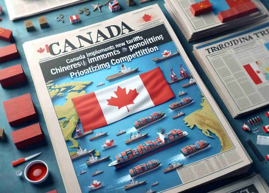 Realistic high-definition image of an illustrative newspaper headline with the title 'Canada Implements New Tariffs on Chinese Imports, Prioritizing Fair Competition'. Surrounding the headline, there are images symbolizing trade between Canada and China, such as shipping containers, cargo ships, and maps of both countries.