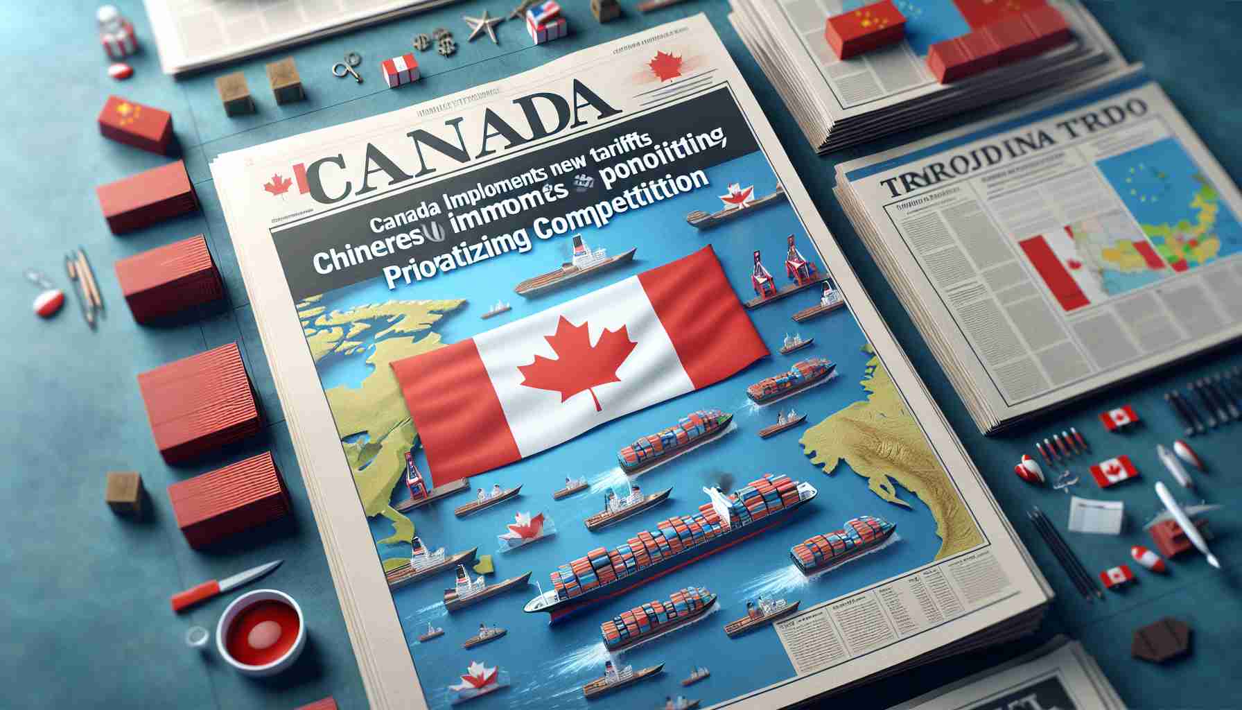 Realistic high-definition image of an illustrative newspaper headline with the title 'Canada Implements New Tariffs on Chinese Imports, Prioritizing Fair Competition'. Surrounding the headline, there are images symbolizing trade between Canada and China, such as shipping containers, cargo ships, and maps of both countries.