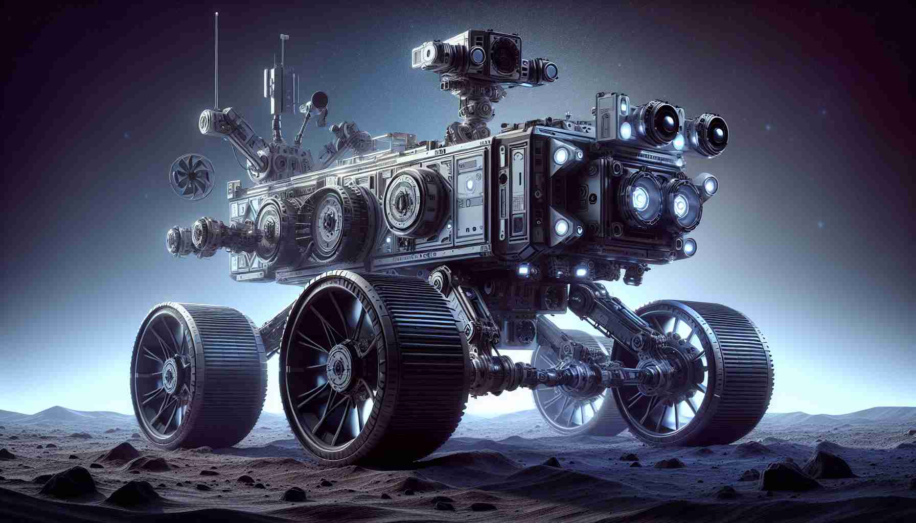 A high-definition, realistic rendering of a futuristic exploration vehicle, dubbed the 'Titan'. The Titan is imagined as the 2026 Stellar Rover, showcasing state-of-the-art technology for planetary exploration. The Rover is sleek, durable, and complex, with multiple tools dedicated to probing and studying celestial bodies. Its design is robust yet flexible, equipped with advanced suspension and handling capabilities to navigate rough terrains. Its broad, inflated wheels and metallic body shimmer under an alien sun, and, its articulated arms, cameras, and sensors hint at the essential research purposes it serves.