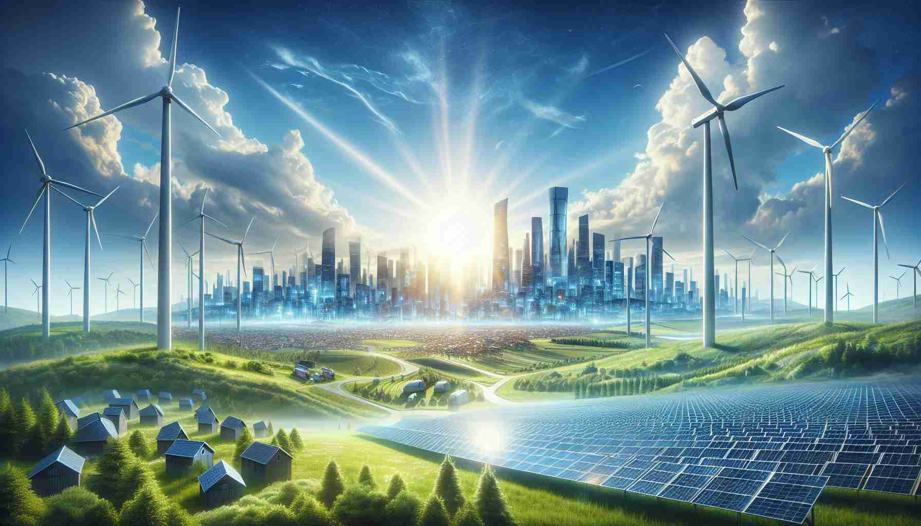 Create a high-definition, realistic image displaying the rise of renewable energy in Europe. It should have elements depicting solar panels under the radiant sun, towering wind turbines against the skyline, and a futuristic cityscape powered by green energy in the distance. Also, accentuate the optimism in this scene through bright, clear skies and lush green landscape, symbolizing a promising future powered by renewable energy.