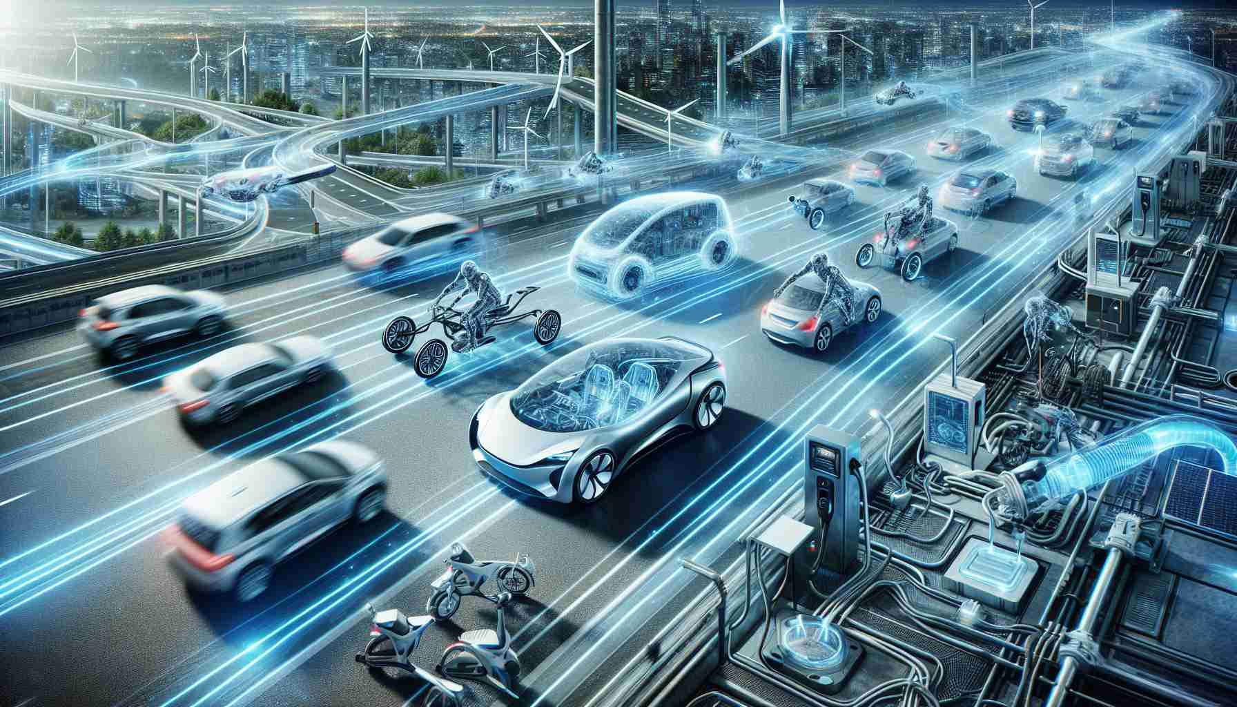 A highly detailed and realistic image showcasing the future of electric mobility. The scene could depict advanced electric vehicles, including cars, bikes, and possibly even drones, all powered by sustainable, cutting-edge technology. The vehicles are seen in various stages of motion, demonstrating their speed and efficiency. Infrastructure such as charging stations and solar panels suggests a shift towards renewable energy. This image should be in Full HD, highlighting the sharpness and intricacy of each element. This visionary projection of electric mobility represents its revolutionary advances.