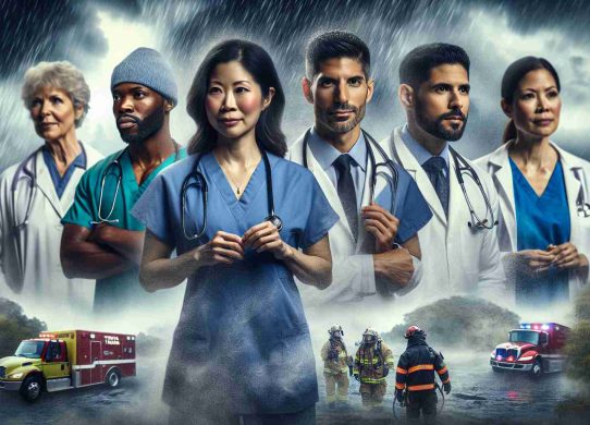 Create a high-definition, realistic image that showcases the unexpected effects of shifting weather patterns on healthcare professionals in Texas. These professionals include a diverse range of individuals: a Hispanic male nurse, a Black female doctor, a Middle-Eastern male paramedic, a South Asian female surgeon, and a Caucasian physician's assistant, all working in various settings. The weather changes could include more frequent heatwaves, cold snaps, hurricanes, floods, or droughts. The image should depict how these climate events indirectly impact their working conditions and their ability to provide care.