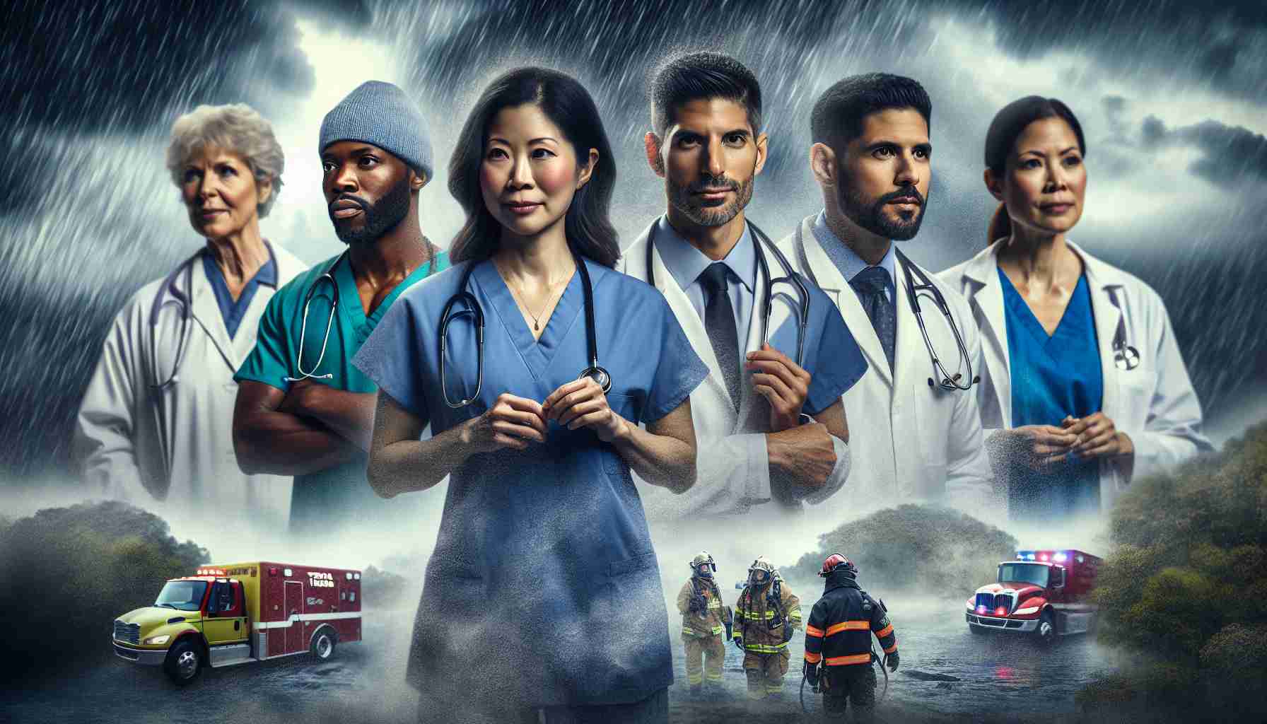 Create a high-definition, realistic image that showcases the unexpected effects of shifting weather patterns on healthcare professionals in Texas. These professionals include a diverse range of individuals: a Hispanic male nurse, a Black female doctor, a Middle-Eastern male paramedic, a South Asian female surgeon, and a Caucasian physician's assistant, all working in various settings. The weather changes could include more frequent heatwaves, cold snaps, hurricanes, floods, or droughts. The image should depict how these climate events indirectly impact their working conditions and their ability to provide care.