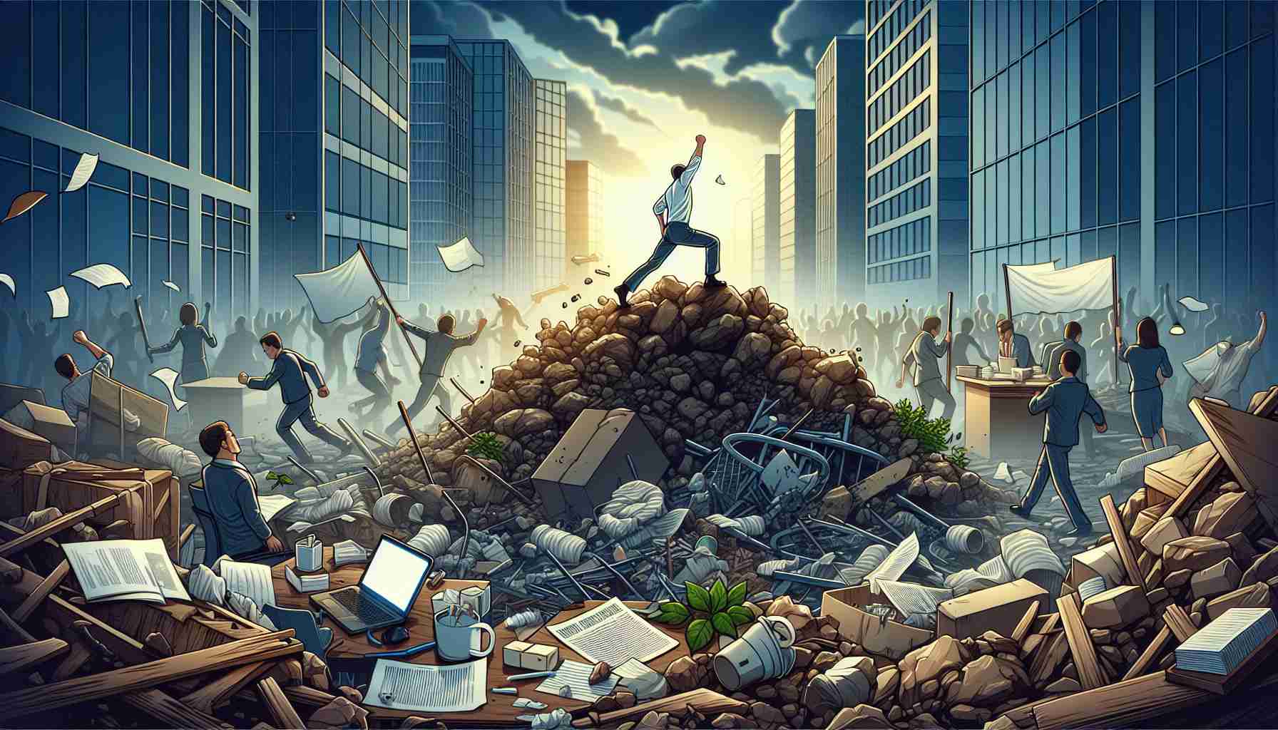 High definition illustration showcasing a challenging situation that has seen a successful recovery. It can capture the scenes in a realistic style. The situation might be a complex project in disarray that has been brought under control, or personal turmoil successfully overcome leading to renewed harmony. Please ensure the elements in the image capture themes of obstacles overcome, resilience, strength, and new beginnings.