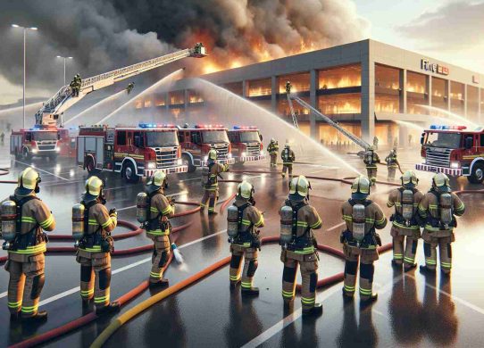 Realistic high-definition image of a group of firefighters of diverse descents and genders, geared up with full safety equipment, actively managing a large fire at a local shopping mall. The fire trucks should have their lights on, ladders extended, and hoses in use, belching water to douse the flames. The sky is filled with smoke, making the scenery intense. Emphasize the effort of the firefighters team, showcasing bravery and cooperation.