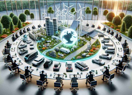 A highly-detailed, photorealistic render of a significant event in sustainable transport. Depict the signing of a landmark deal, with several diverse people sitting around a table covered in futuristic green technologies, like solar panels, wind turbine models, and electric vehicles. Make the setting a modern, eco-friendly building with large windows letting in natural light and indoor plants strewn around. The table's centerpiece should be an illuminated, holographic globe, symbolizing the global impact of this deal. The people should be of various descents: Caucasian, Hispanic, Black, Middle-Eastern, South Asian, and East Asian.