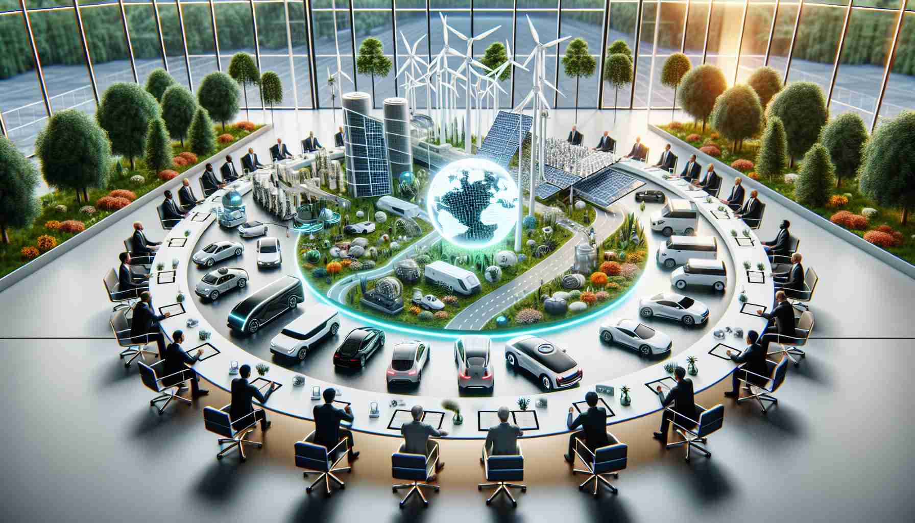 A highly-detailed, photorealistic render of a significant event in sustainable transport. Depict the signing of a landmark deal, with several diverse people sitting around a table covered in futuristic green technologies, like solar panels, wind turbine models, and electric vehicles. Make the setting a modern, eco-friendly building with large windows letting in natural light and indoor plants strewn around. The table's centerpiece should be an illuminated, holographic globe, symbolizing the global impact of this deal. The people should be of various descents: Caucasian, Hispanic, Black, Middle-Eastern, South Asian, and East Asian.