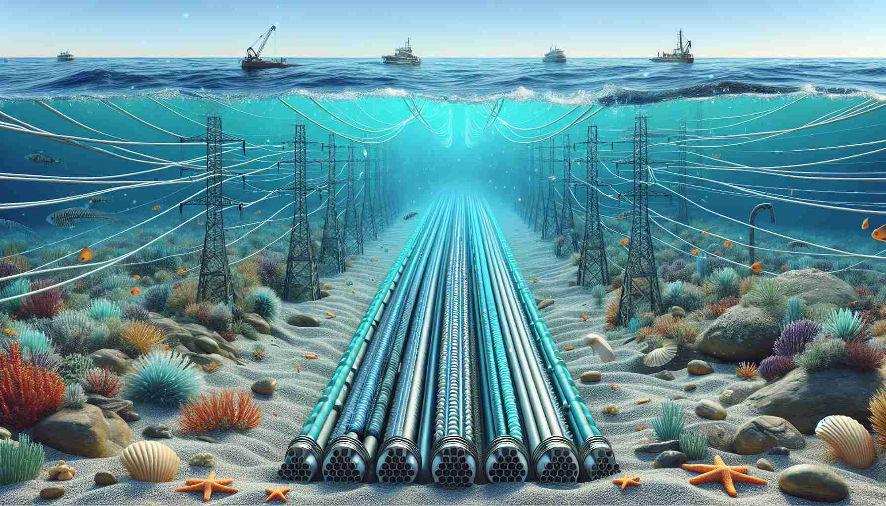 Generate a realistic, high-definition image of an undersea electrical power cable. The cable should be designed to withstand the harsh conditions at the ocean bottom, with appropriate tethers and protective layers. The surrounding marine environment should feature various elements native to the ocean floor such as corals, starfish, and other forms of aquatic life. The seabed itself could also contain elements like rocks, sand, and remnants of underwater geological events. The concept communicated should convey the revolutionary change in energy distribution.