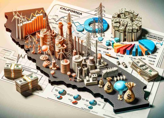 An illustrated image in a highly detailed, realistic style, showing the concept of inflated pricing in California's energy market. The image could comprise multiple components like a California map, electricity symbols, charts depicting rising prices, and possibly stacks of currency to signify increased costs. Specific focus should be on portraying increased energy consumption, soaring energy prices and scarcity of resources, reflecting the situation in the state.