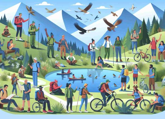 Generate a highly detailed infographic displaying scenes from varied outdoor recreational activities such as hiking, mountain biking, and bird watching. Showcase an inclusive group of people of different genders and ethnic descents like Caucasian, Black, Hispanic, South Asian, and Middle-Eastern participating equally and enthusiastically. Emphasize the concept of empowerment by depicting participants helping each other, leading activities, sharing knowledge and passion for the environment. The scene should be lifelike and in vibrant colors, capturing the beauty of nature and the joy of outdoor recreation.