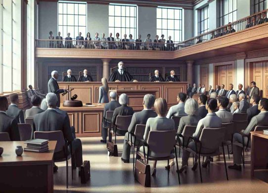 A high-definition, realistic and thought-provoking image of a courtroom setting, where a crucial decision concerning Allete's Pension Plans and its impact on Electricity Rates is being delivered. The court room is filled with concerned individuals, lawyers presenting arguments and the judge delivering the verdict that will affect the industry. The mood in the room is tense and expectant, and everyone is attentively listening to the verdict. Please ensure that the image perfectly capture these elements.