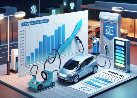 A high definition, realistic representation of the effects of electric vehicles on energy bills. Include a graph showcasing the comparison between traditional gas vehicles and electric ones. Show the declining line for gas vehicles and a growing line for electric vehicles. Also, depict an electric vehicle being charged at a charging station, with an energy bill nearby showing a slight increase. All elements should be depicted in a clear and easy-to-understand manner.