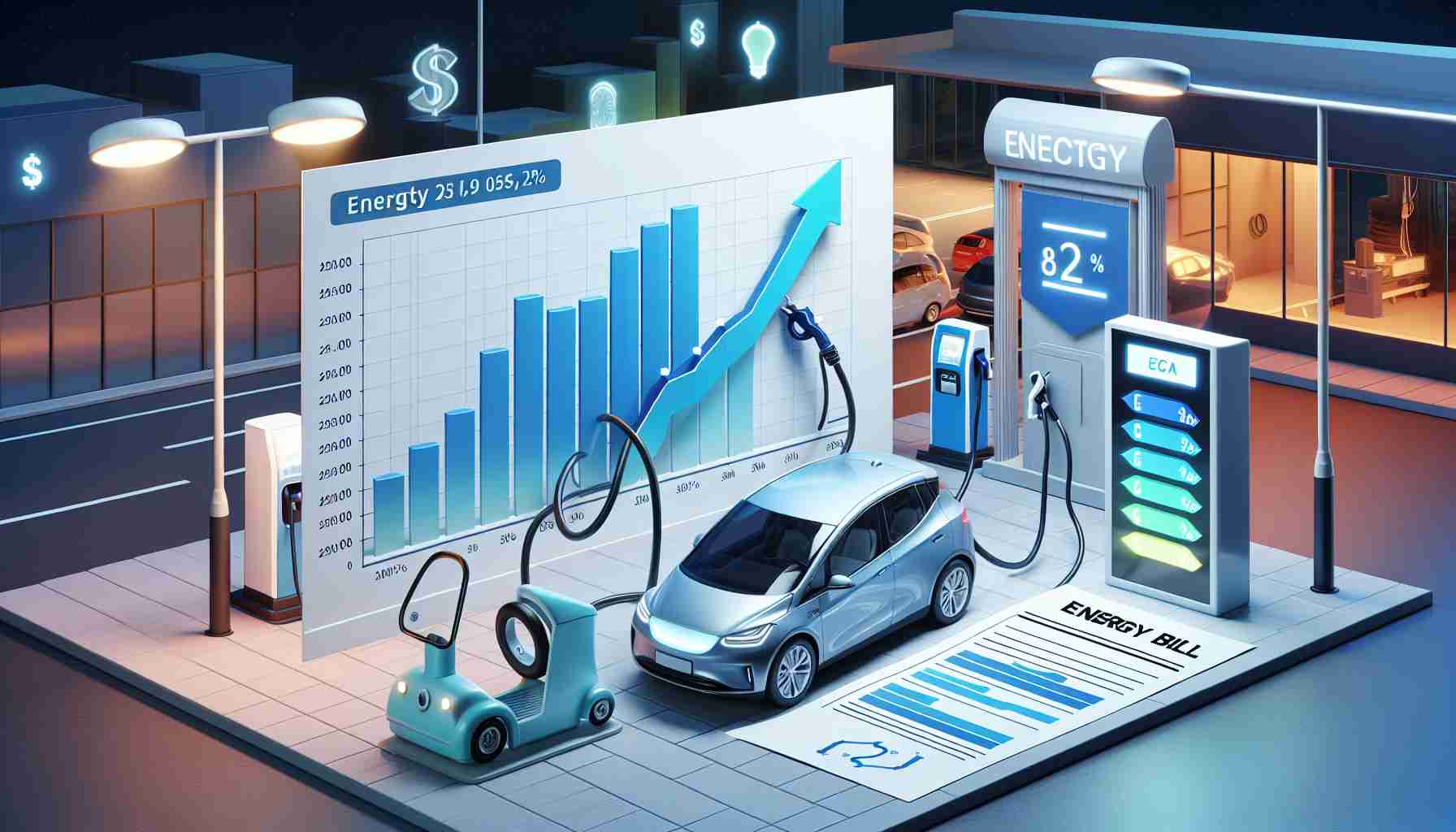 A high definition, realistic representation of the effects of electric vehicles on energy bills. Include a graph showcasing the comparison between traditional gas vehicles and electric ones. Show the declining line for gas vehicles and a growing line for electric vehicles. Also, depict an electric vehicle being charged at a charging station, with an energy bill nearby showing a slight increase. All elements should be depicted in a clear and easy-to-understand manner.