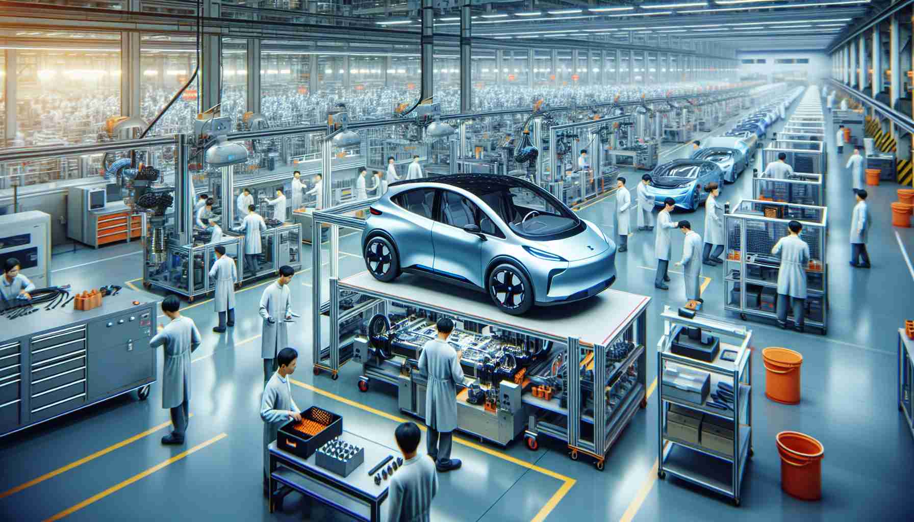 Depict a realistic, high-definition imagery that showcases a bustling Chinese automotive manufacturing factory. The focus of the operations should be on electric vehicle (EV) technology. Furthermore, highlight the efforts made by these manufacturers to retain advanced EV technology within China. Portray a diverse range of Chinese engineers of both genders, diligently working on the production line. Noteworthy features could include futuristic machinery, high-tech tools, and refined assembly lines, all representing the technological advancements made in the field of electric vehicles.