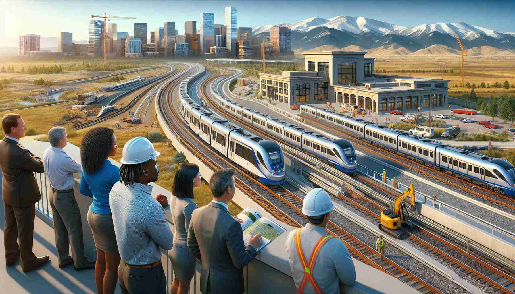 A high-definition and realistic image showcasing the exciting expansion of public transit in Colorado. The image should depict new, gleaming trains moving along pristine tracks, weaving through stunning Coloradan landscapes. Spectators, including a Black female engineer and a Hispanic male city planner, are observing the scene, signifying their pride in this remarkable infrastructure development. Various architectural designs of the newly built transit stations and construction workers of diverse descents, genders, and roles should also be visible, telling a story of development and cooperation.